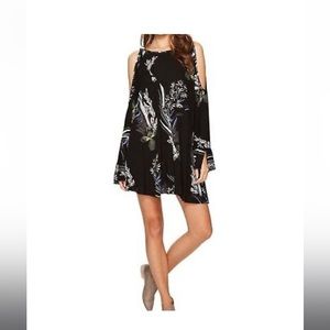 free people clear skies black floral cold shoulder tunic mini dress - size M